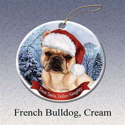 French Bulldog Dog Santa Hat Christmas Ornament Porcelain China USA-made 