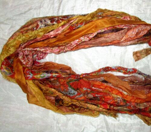 12 yards Unstitched Recycled PURE Silk Sari Ribbon Yarn tassels Brown Rust Skein 