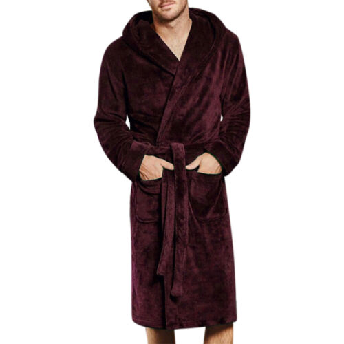 Mens Hooded Dressing Gown Bath Robe Winter Thick Warm Soft Fleece Bathrobe Coat