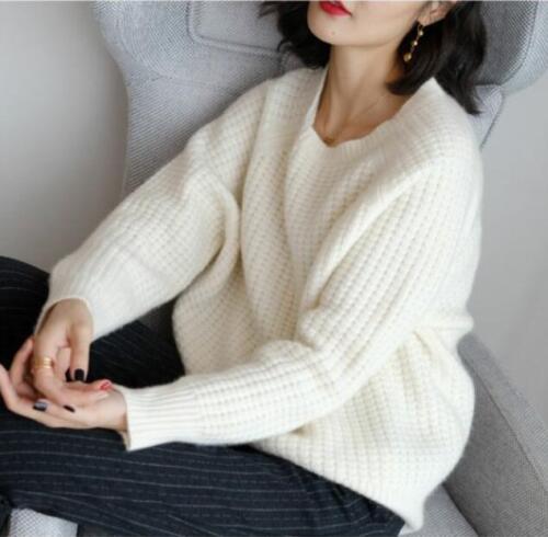 Womens Korean Pullovers Knitted Loose Sweater Tops Cashmere Blend Long Sleeve V8