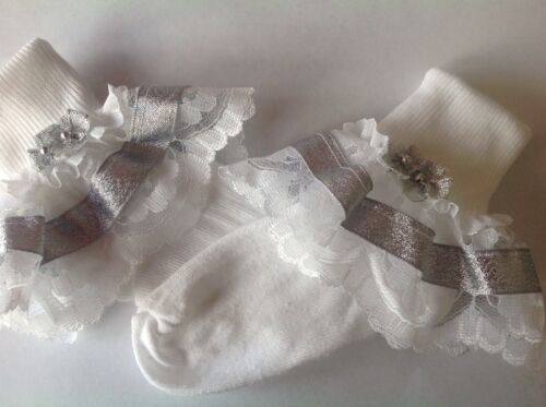 Handmade Silver bead bows baby// girls frilly socks various sizes