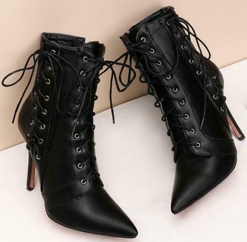 women/'s pointed toe high heel lace up side zipper ankle boots stilettos shoes