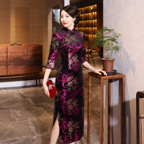 Traditional Chinese Long Dress  Women Velvet Cheongsam Prom Qipao Size M-4XL 