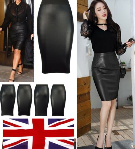 Women Ladies Plus Size Wet Look Faux Leather Pencil Stretch Midi Skirt 8 to 26 