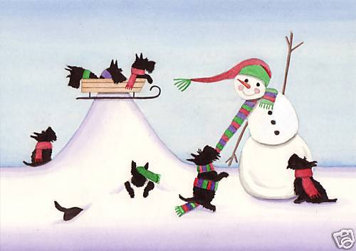 Christmas cards Lynch folk art scotties frolic in snow Scottish terriers