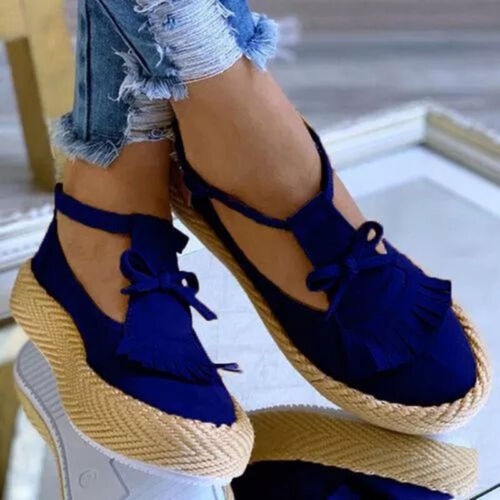Details about  / Ladies Tassel Buckle Ankle Strap Loafers T Strap Bow Round Toe Big Size Shoes