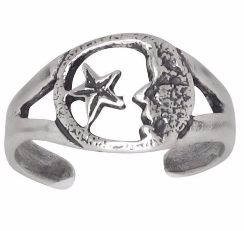 Sterling Silver .925 Star and Moon Toe Ring Adjustable SizeMade In USA