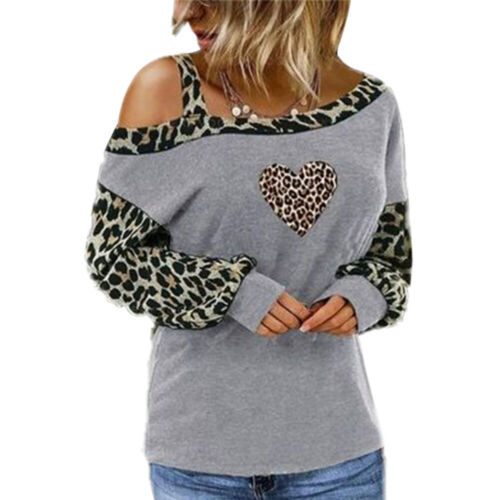 Autumn Lady Girl Leopard Print Cold Shoulder Tops Long Sleeve Blouse T-Shirt