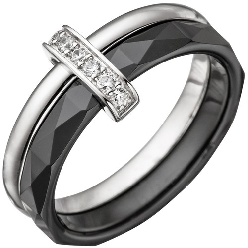 NEU Damen Ring BICOLOR schwarz mit 925 echt Silber Zirkonia große Größen 50-64