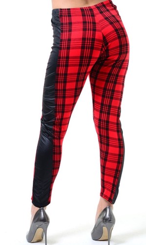 WOMENS LADIES RED TARTAN CHECK WET LOOK PVC SIDE PANEL LEGGINGS PLUS SIZE 8-22