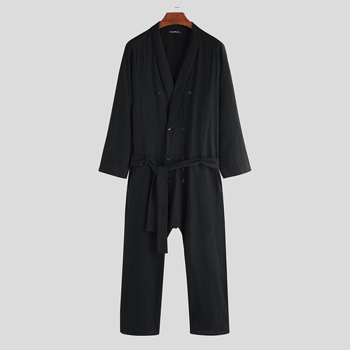 Mens One Piece Rompers V-Neck Casual Pants Jumpsuit Overalls Long Trousers Black