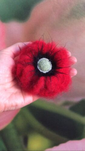 Wool Red Poppy Knitted Crocheted Felted Brooch