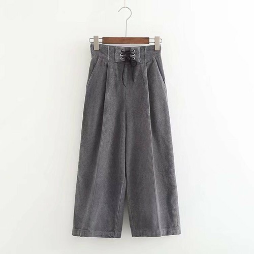 Women Corduroy Pants High Waist Loose Wide Leg Flared Cropped Culottes Trousers
