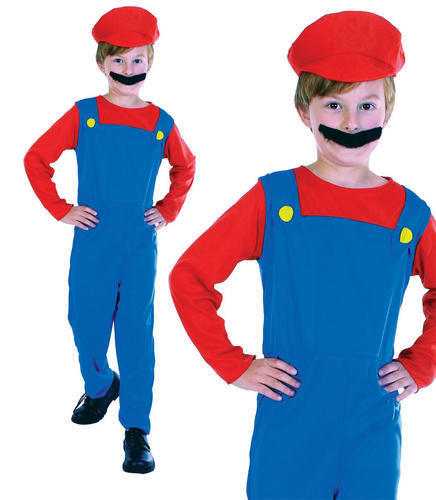 Childrens Kids Plumber Boy Fancy Dress Costume Mario Brothers Childs Outfit L