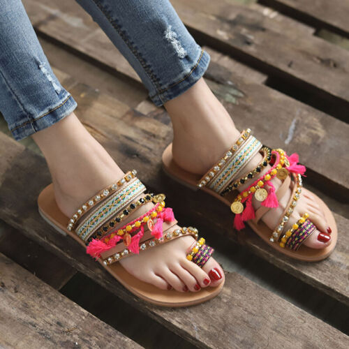 Womens Boho Tassels Sandals Beach Party Flip Flops Casual Flats Shoes Size 3.5-8