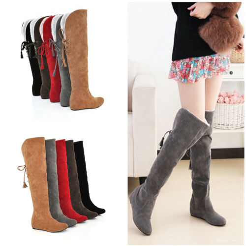 Winter Womens Warm Over the Knee Thigh High Lace Up Long Boots Flat Heels Shoes