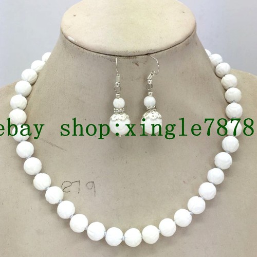Natural 10mm White Carving Coral Gemstone Round Beads Necklaces Earrings Set