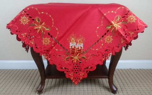 Embroidered Christmas Candle Poinsettia Table Topper Tablecloth 36/" Square RED