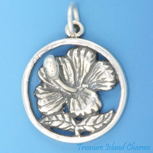 Hawaii Hibiscus Fleur Disque Hawaiian .925 Solid Sterling Silver Charm Pendentif