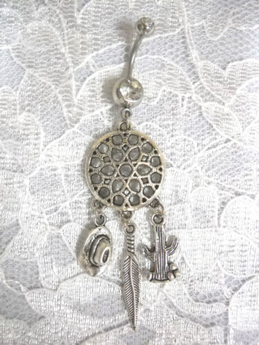 STAR FLOWER DREAM CATCHER 3 DANGLING COWGIRL HAT FEATHER CACTUS BELLY RING BAR