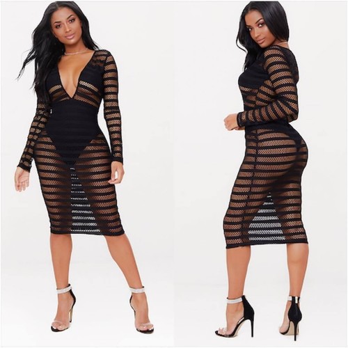 Women long sleeves deep V neck mesh sheer bodycon club party cocktail dress