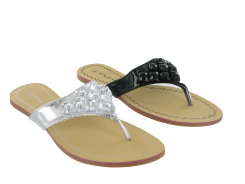 Fashion Summer Flat Toe Post Black Silver Womens Girls Jewelled Sandals UK3-8 