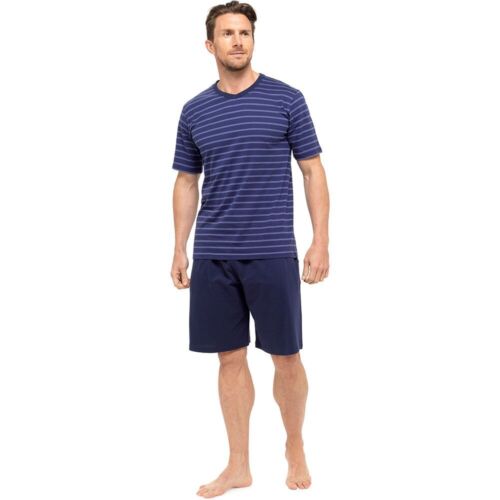 Sizes M-XXL Mens Striped Short Sleeve Top /& Plain Bottoms Jersey Short PJs Set