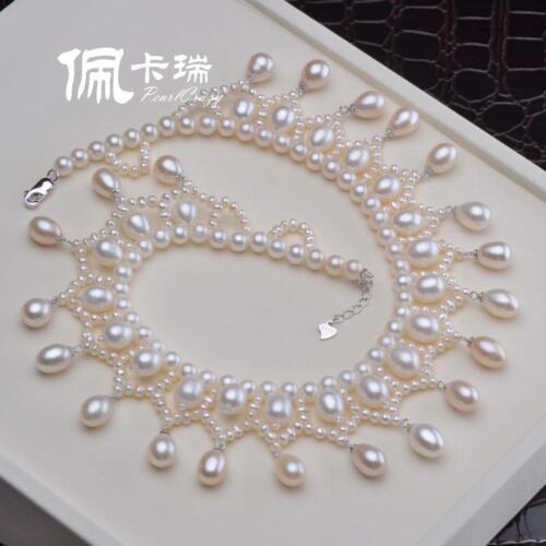 Gorgeous 17-18inch AAA+3-10mm natural south sea white pearl necklace 925 silver