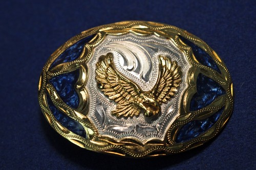 Lonestar Silversmith Blue Stone Silver Gold Border Eagle Western Belt Buckle #11