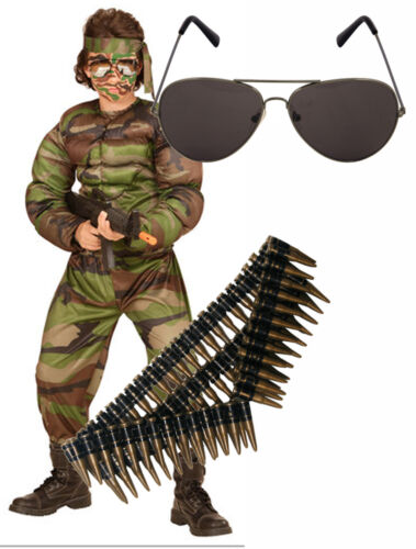 Niños CHICOS CHILDS músculo Soldado Ejército Fancy Dress Costume cinturón de bala de gafas de sol