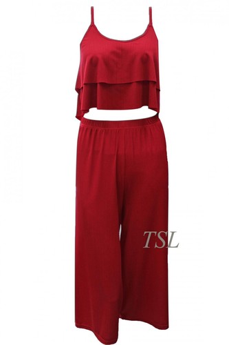 Ladies Co-Ord Crop Top Frill Pantaloni Set Crepe Tessuto Pantaloni larghi palazzo ampia