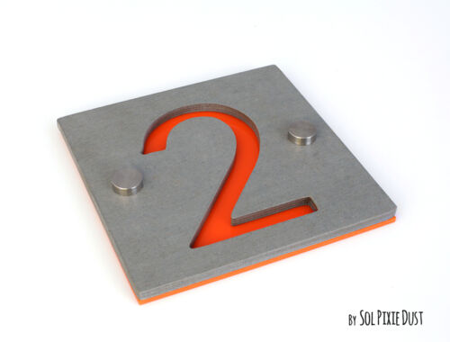 Modern House Numbers Sign One Number Square Concrete with Orange Acrylic
