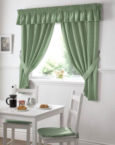 GINGHAM CHECK GREEN WHITE W46 X L54" PENCIL PLEAT KITCHEN CURTAINS WITH TIEBACKS 