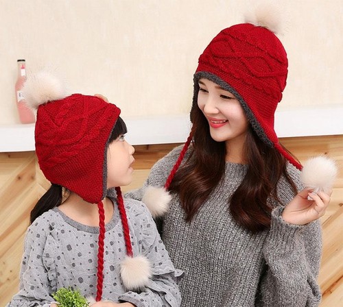 Family Mother/&Me Knitted Wool Hat Faux Fur Ball Hat Baby Kids Winter Warm Cap