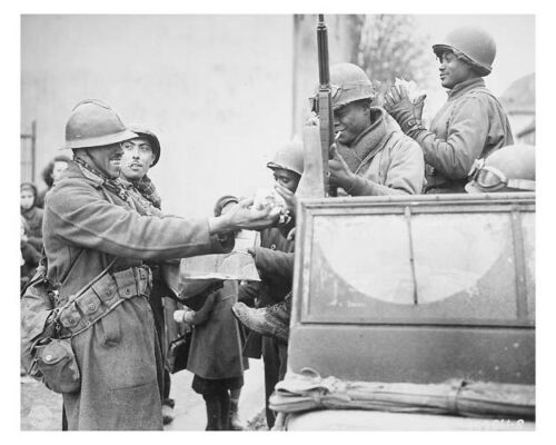 WW II Silver Halide Photo African American GI/'s Receive Candy From French Troops