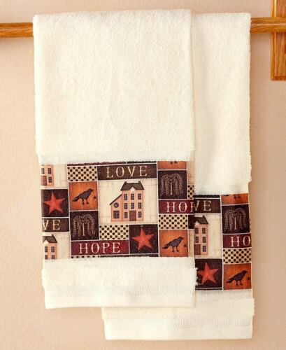 2-Pc Primitive Country Star Bath Towels Willow Tree Checkers Bird Hand Towels