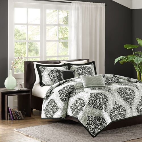 Luxury Black /& Grey Damask Print Duvet Cover Set AND Decorative Pillows