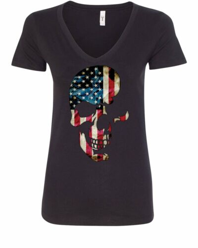 Skull Americana Women/'s V-Neck T-Shirt Patriotic 4th of July Stars and Stripes