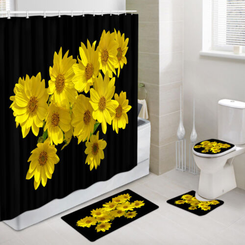 Details about   Small Daisy Yellow Flowers in Black Fabric Shower Curtain Bathroom Toilet Rug 