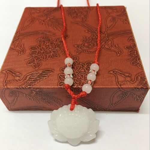Natural White Jade Lotus Pendant Necklace Fashion Lucky Charm New 