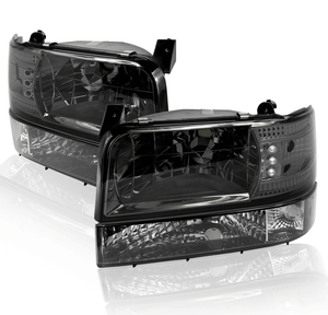 1992-1996 FORD BRONCO F150 F250 F350 SMOKE LED CRYSTAL HEAD LIGHTS+CORNER BUMPER