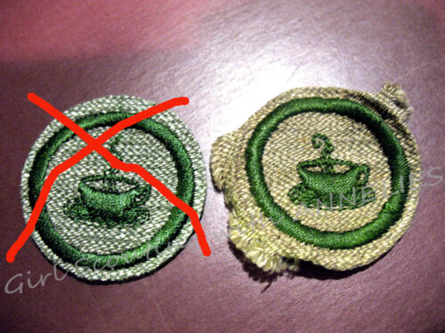 HOSTESS Teacup Girl Scout First Round Badge 1930s Gray-Green EUC Multi=1 Ship Ch