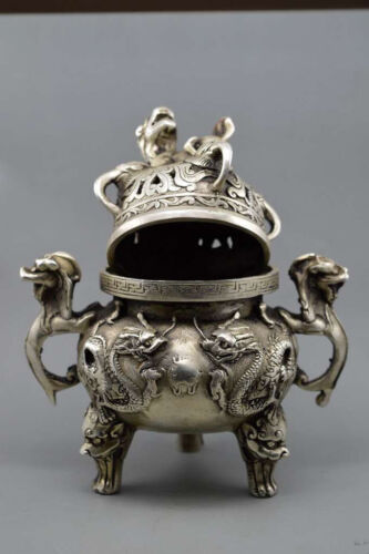 Details about  / Chinese buddhist manual old silver copper dragon lion statues incense burner