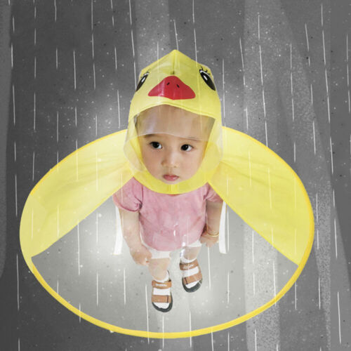 Rain Coat UFO Duck Kids Baby Umbrella Hat Magical Hands Free Raincoat Yellow UK 