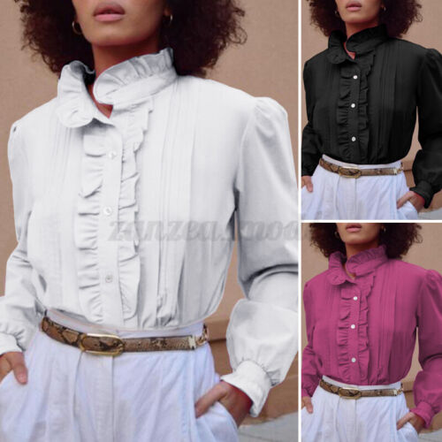 ZANZEA Womens Vintage Long Sleeve Plain Ruffled Frill Shirts Tops OL Work Blouse