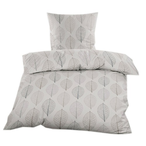Biber Bettwäsche 2 tlg.135x200 cm Reißverschluss in Beige Taupe mit Blatt Muster
