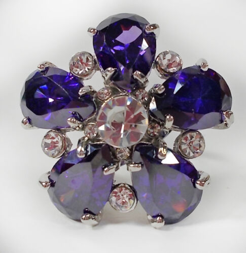HUGE PURPLE & CLEAR CRYSTAL ADJUSTABLE RING LARGE FOR RED HAT LADIES OF SOCIETY 