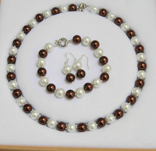 10MM weiße braune Südsee Muschel Perlenkette Armband Ohrring Set 
