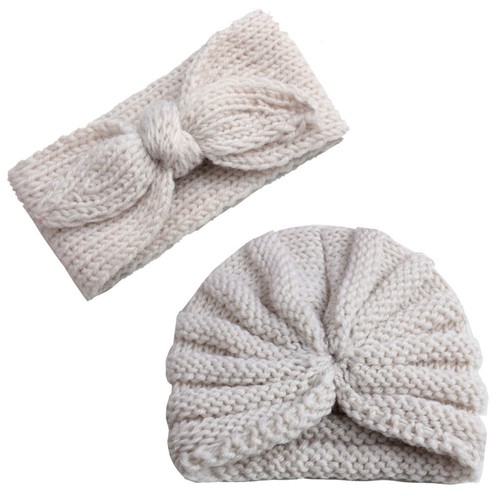 Toddler Kids Baby Boy Girl Knitted Turban Hat Hair Band Beanie Headwear Cap Sets