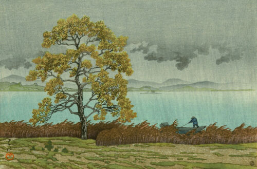 Japanese Art Woodblock Print "Rain on the Lake Shore at Matsue" KAWASE HASUI 